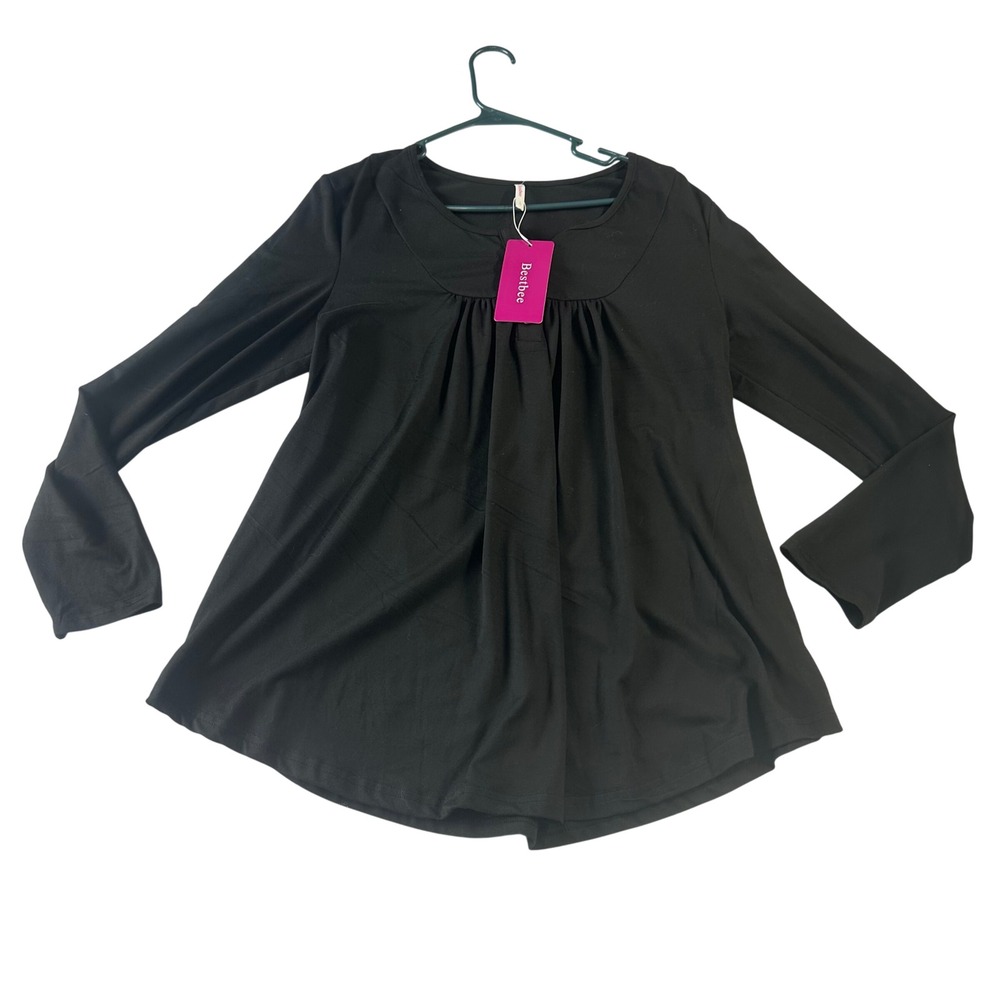 Bestbee Womens Black Long Sleeve Pleated Tunic Top Scoop Neck Size L NWT